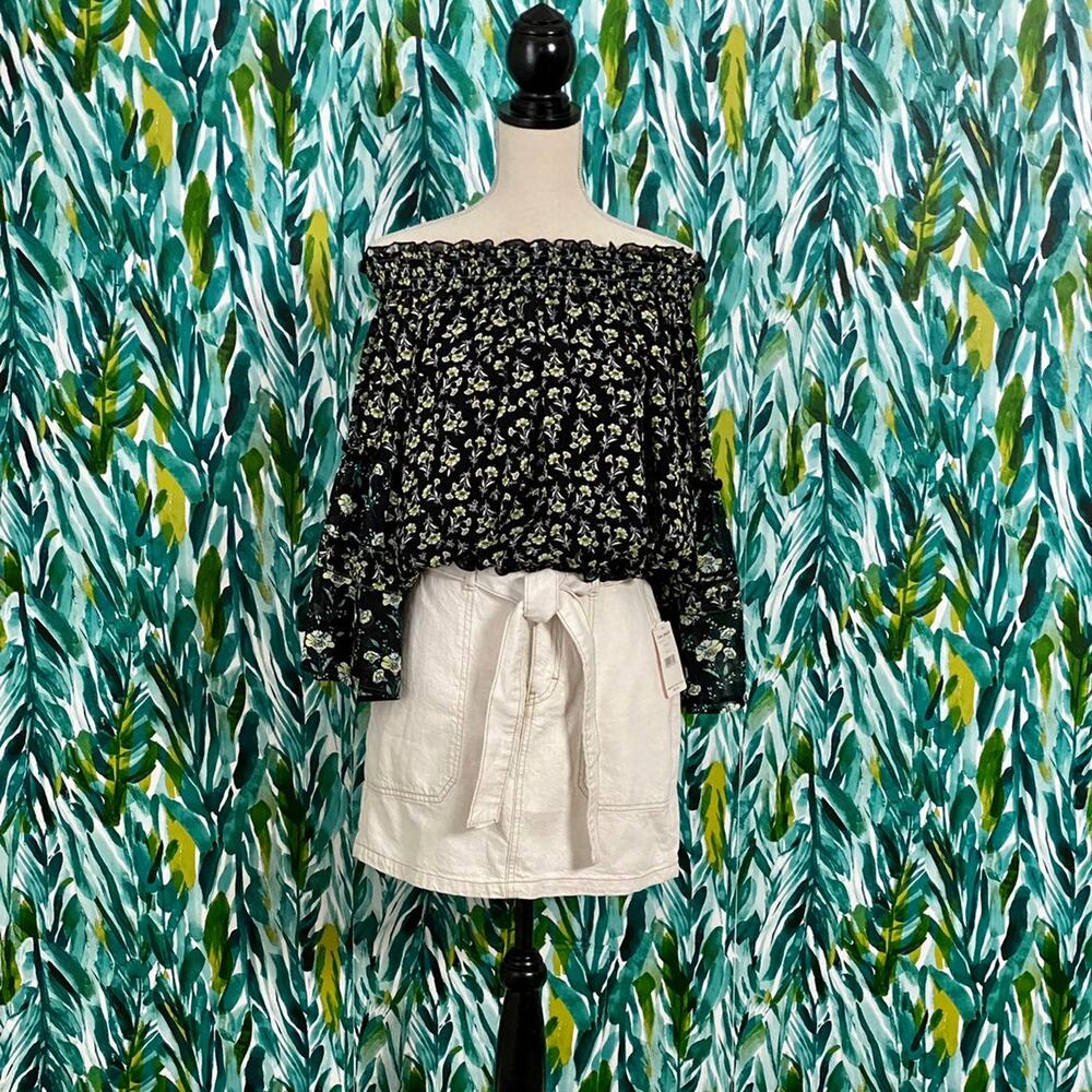 NWT Free People Black Combo Rose Floral Valley Printed Smocked Blouse Top Boho